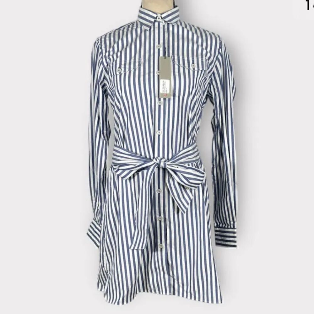 Pennington Bailes Navy White Striped Button Front Belted Shirt Dress Size XS
